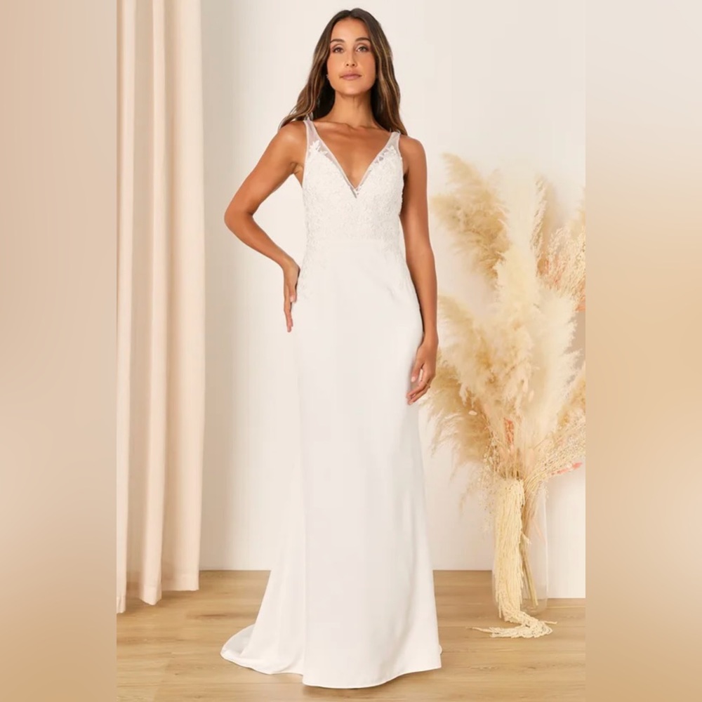 NWT - Lulu’s Precious Promise White Satin‎ Embroidered Lace Mermaid Maxi Dress